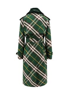 Cotton trench with check motif- Collar With Removable Faux Fur- Double-breasted Closure With Buttons- Removable Belt At Waist- Frontal Pockets- 100% Cotton | Burberry Women's Trench in Green | SS24 Burberry Trenchcoat, Burberry Trench, Burberry Trench Coat, Long Trench, Long Trench Coat, Green Coat, Trench Coats Women, Burberry Women, Faux Fur Collar