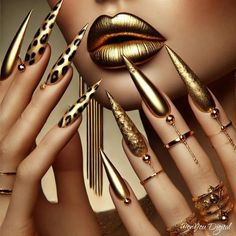 Nail Art Images Pictures, Fall Nail Patterns, Designer Inspired Nails, Gold Glitter Manicure, Nail Art Designs For New Years, Gold And Glitter Nails, Masquerade Ball Nails, Nail Designs Rhinestones Simple, Diva Nails Designs