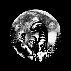 two aliens are holding up their cell phones in front of a full moon with trees