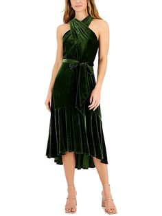 Velvet Halter Dress, Womens Velvet Dresses, Green Velvet Dress, Velvet Midi Dress, Dress Halter, Holiday Party Outfit, Taylor Dress, Ruffle Hem Dress, Review Dresses