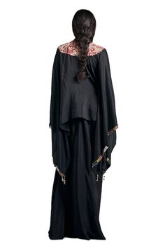 Buy Black Pure Silk Embroidered Dori Round Foliage Short Kaftan With Draped Skirt For Women by Stotram Online at Aza Fashions.