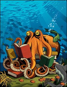 an octopus reading a book while sitting on a pile of books under the sea floor