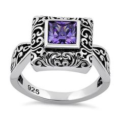 Top of ring height: 12.5mm

Top of ring width: 12.7mm

Band width: 6.4mm

Shank width: 2.4mm



Stone material: amethyst cubic zirconia

Center stone size: 7mm

Stone shape: princess cut

Center stone carat weight: 1.96 ct.

Total number of CZ stones: 1

Stone setting: bezel setting



Metal: 925 sterling silver

Plating: rhodium plated

Finish: high polish Amethyst Jewelry Ring, Flower Engagement Ring, Womens Rings Fashion, Silver Jewelry Design, Ruby Engagement Ring, Stone Setting, Cz Ring, Square Cut, Sea Glass Jewelry