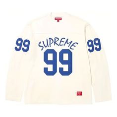 Supreme 99 L/S Football T-Shirt 'White Blue' SUP-SS24-015 White Crew Neck College Jersey, White Crew Neck Sporty Jersey, White Cotton Jersey With Letter Print, White Cotton Crew Neck Jersey, White Crew Neck Jersey With Letter Print, White Crew Neck Jersey With Graphic Print, Casual White Jersey With Graphic Print, White Casual Jersey With Graphic Print, White Graphic Print Jersey For Streetwear