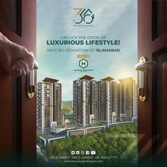 an advertisement for luxury homes in the middle of a city with hand on door handle