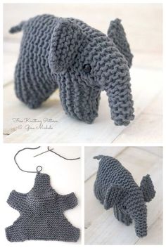 crocheted elephant ornament is shown in three different pictures, including the tail and trunk