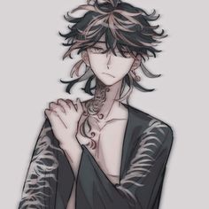 an anime character with long hair and tattoos on his chest, wearing a black dress