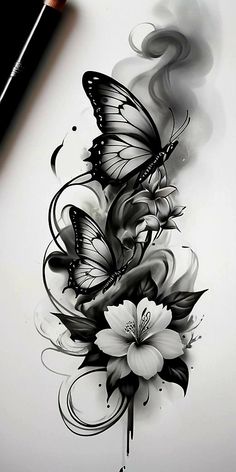 a black and white drawing of flowers with butterflies on the top of each flower, next to a pencil