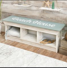 a beach house bench with shoes on it