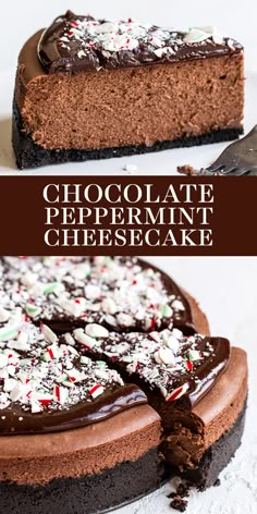 a chocolate peppermint cheesecake on a plate with a slice missing from it