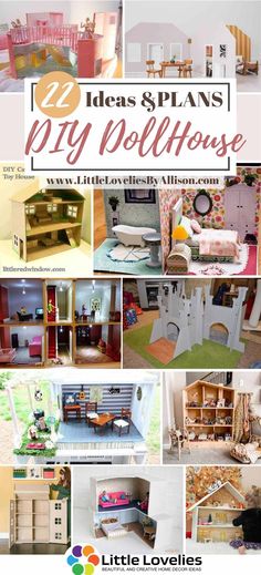 there is a collage of dollhouse furniture and accessories in this photo with the title 12 ideas & plans for diy dollhouse