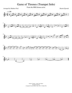 sheet music with the words game of throne trumpet solo written in black and white letters