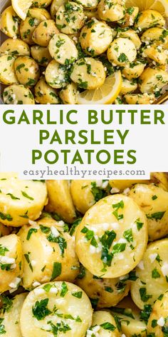 garlic butter parsley potatoes in a white bowl