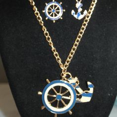 Nwt: Boats: Blue And White Enamel Ships Wheel And Anchor On Gold Tone Chain 16" + 2" It Has A Lobster Clasp, Earrings Are 2" Drop, Post Clasp Earrings, Ships Wheel, Anchor Necklace, Ship Wheel, White Enamel, Lobster Clasp, Necklace Set, Womens Jewelry Necklace, Boats