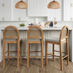 two wooden stools sitting in front of a kitchen island