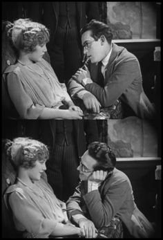 two pictures of people sitting at a table with one woman talking to the other man