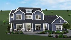 this is a computer rendering of a two story house with lots of windows and landscaping