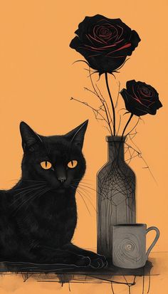 a black cat sitting next to a vase with roses in it