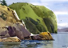 a watercolor painting of some rocks in the middle of a body of water with trees on each side