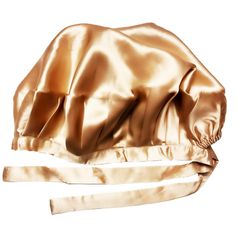 an image of a gold satin bag on white background with clippings to the side