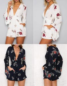 This floral romper is absolutely perfect. Featuring a plunging v-neckline, flare sleeves, an empire waist with flowing shorts that fall mid-thigh. This romper pairs perfectly with wedges, heels or sandals. Made with a blend of cotton and polyester and comes in two fabulous color patterns from which to choose. Flower Jumpsuit, Wedges Heels, 21 Pilots, Linen Shirts, Flare Sleeves, Fashion Bug, Floral Outfit, One Piece Outfit, Long Jumpsuits