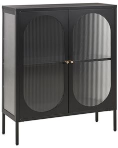 a black cabinet with two doors and metal mesh panels on the front, one door open