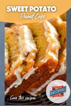 the cover of sweet potato pound cake with white icing on it and text overlay reads, sweet potato pound cake save this recipe