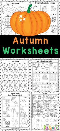 an autumn worksheet with pumpkins on it and the words,'autumn worksheets '