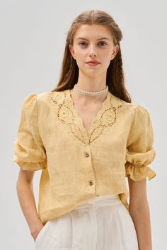 Inspired by the beauty of nature, our blouses feature intricate details and delicate patterns that dance with every movement, like the soft whisper of leaves in the wind or the delicate petals of a blooming flower. Embark on a journey of elegance and grace  with our chic women's blouses. Featuring lightweight fabrics and flowing silhouettes, they're the perfect companion for carefree days exploring the wonders of the world or simply lazing in the comfort of your own home.  【Fabric】 100% Linen, around 160g/gram Every year we have a dedicated team to study the evolution of linen. Linen is a traditional fabric. It seems that linen will not change even if dynasties have changed, and time has passed. Let us add a little imagination and curiosity here. If the raw materials remain unchanged, can Medieval Blouse, Leaves In The Wind, Cottagecore Blouse, Linen Fashion, Linen Yarn, Dyed Linen, Women's Blouses, Traditional Fabric, Shirt Embroidery