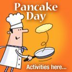 an advertisement for pancake day with a cartoon chef cooking pancakes on a skillet