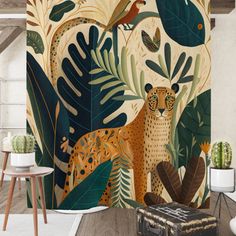 an animal themed shower curtain with tropical leaves and animals in the jungle, on a wooden floor