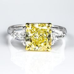 2.80 Ct. Canary Fancy Yellow Cushion Cut w Bullet Cut 3 Stone Diamond Ring VS1 GIA Certified Canary Diamond Engagement Ring, Fancy Yellow Diamond Ring, Radiant Cut Diamond Ring, 3 Stone Diamond Ring, Yellow Diamonds Engagement, Yellow Diamond Ring, Yellow Diamond Engagement Ring, Canary Diamond, Yellow Cushion