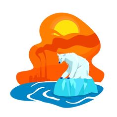 a polar bear sitting on top of an ice floet in front of the sun