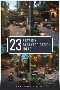 the cover of 23 easy diy backyard design ideas, including fire pit and seating areas