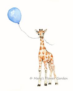 a giraffe holding a blue balloon in its mouth