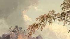 an image of a painting with mountains in the background