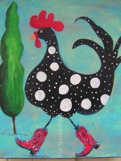 a painting of a rooster with polka dots on it