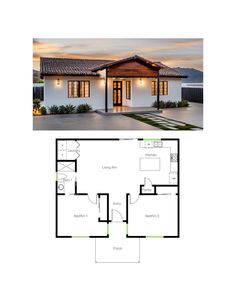 the floor plan for a small house with an attached garage and living room, as well as