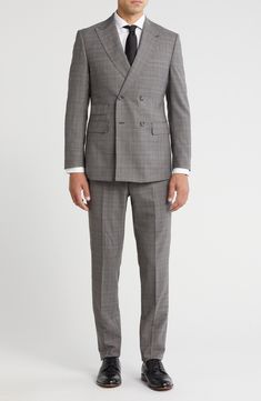 Crafted from a luxurious wool blend, this suit will have you looking sharp for your next special occasion. 29" jacket length; 36" inseam; 10 1/2" front rise (size 40R) Jacket has peaked lapels; five-button cuffs; chest pocket; flap pockets; interior pockets Trousers have zip fly with hook-and-bar closure; slant pockets; back button-welt pockets Unhemmed Jacket is lined; trousers are lined to the knee 90% wool, 10% polyester Dry clean Imported Formal Fitted Brown Tweed Jacket, Fitted Tweed Jacket With Suit Collar For Formal Occasions, Tailored Brown Three-piece Formal Suit, Tailored Brown Three-piece Suit For Formal Occasions, Brown Tailored Three-piece Suit For Formal Occasions, Tailored Brown Suits With Hidden Button Closure, Winter Double Breasted Fitted Suit, Fitted Double Breasted Suit For Fall Business Casual, Fitted Double Breasted Suit For Business Casual In Fall