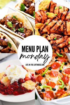 several different types of food are shown with the words menu plan money