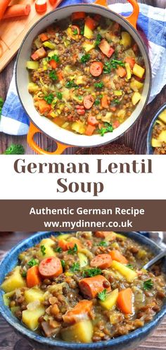 german lentil soup with carrots and potatoes in a blue bowl