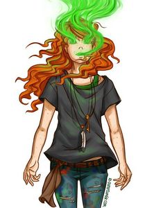 a drawing of a girl with green hair