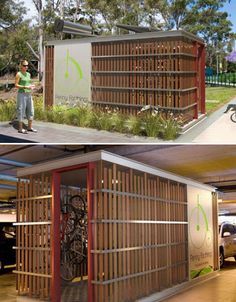 two pictures side by side one shows a man standing in front of a building and the other shows a bike rack