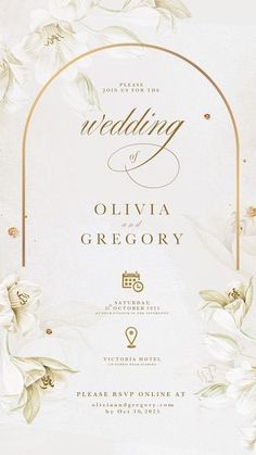 a wedding card with white flowers and gold foil on the front, in an elegant frame