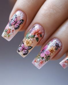 Create a realistic photo of spring-themed nail design featuring pastel colors, floral patterns, and delicate butterflies on long, elegant nails with a soft, natural background. Design