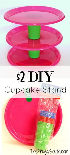 three plastic plates stacked on top of each other with the words, 2 diy cupcake stand