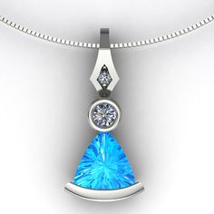 "A trillion cut Swiss blue topaz sits in a half bezel below a bezel set round diamond in this contemporary style 14k white gold pendant. The bail has an additional prong-set diamond. The larger diamond is 3.7mm in diameter. The pendant measures approximately 25.5mm or one inch in length (just under 1 1/4 inches) including the bail and comes on a 1mm white gold box chain. You can choose 16\", 18\", or 20\" for the length of the chain. Blue Topaz Dimensions9mm EnhancementIrradiated Carat Weight 3.45 ColorMedium to dark bright blue ClarityEye clean CutGood PolishGood Diamonds Number2 EnhancementNatural Carat Total Weight0.20 ColorF-G ClaritySI1-2 CutVery Good PolishVery Good This is a custom made item! When you order, we will create a wax model of your pendant with our 3D printer. This model Modern Blue Topaz Jewelry With Bezel Setting, Diamond Drop Pendant, Silver Emerald Ring, Half Bezel, Box Chain Necklace, Gold Box, Tiny Diamond, Rose Gold Band, Swiss Blue Topaz