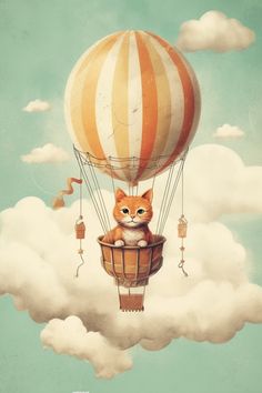 a cat sitting on top of a hot air balloon flying through the sky with clouds