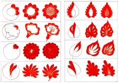 several different types of red flowers and leaves on a white background, each with their own design