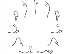 six different lines in the shape of hands and feet, with one hand pointing up